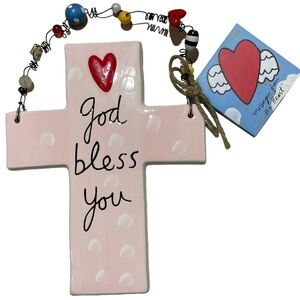 Silvestri Sandra Magsamen 7.75” Pink Ceramic Cross Wall Plaque ”God Bless You”